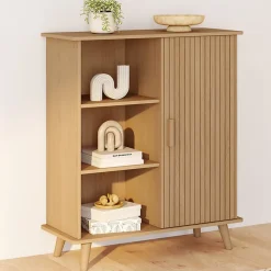Buffet d'appoint 3 étagères et placard 70 cm JULIETTE effet lattes tasseau bois