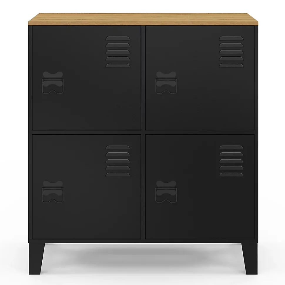 Buffet d'appoint casier 70 cm ESTER 4 portes en métal noir plateau bois design industriel