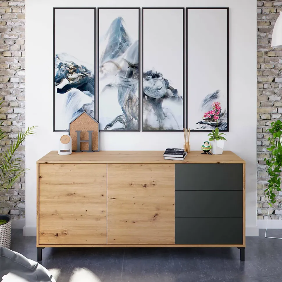 Buffet Dbog, Buffet de salon, Armoire de salon, Buffet moderne avec 2 portes et 3 tiroirs, 154x41h74 cm, Chêne noué et Anthracite