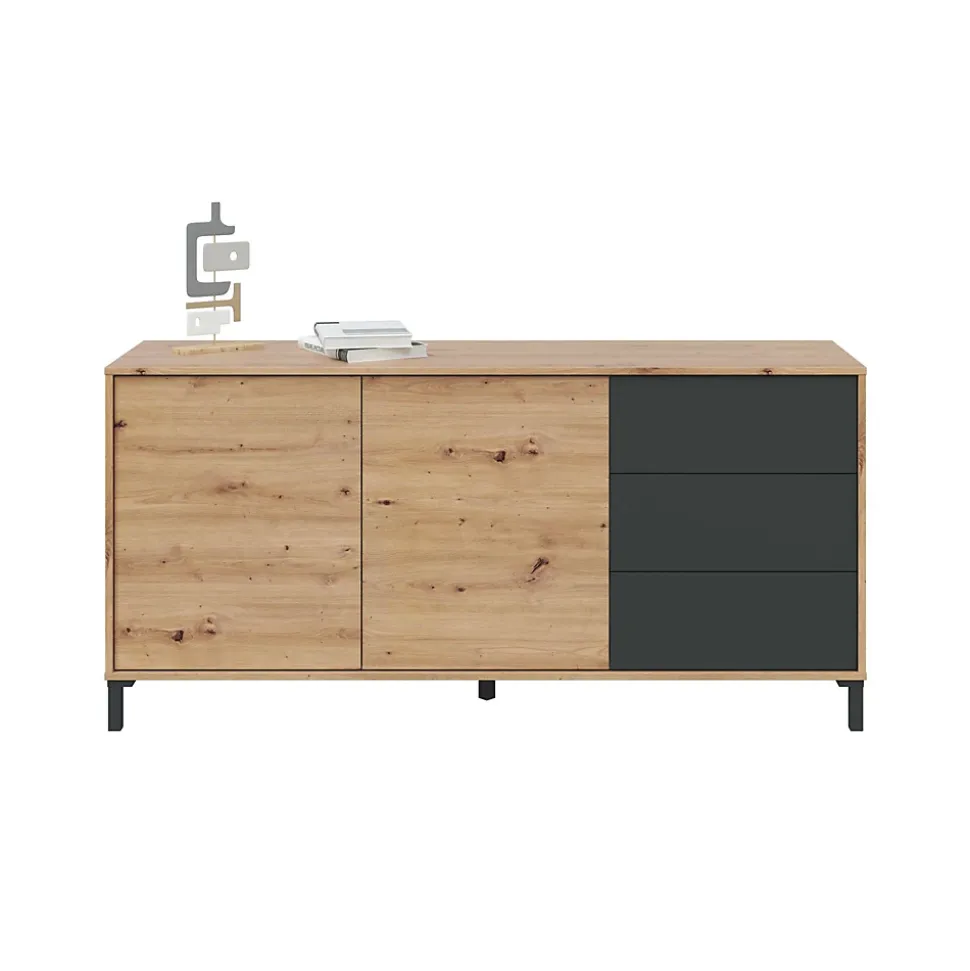 Buffet Dbog, Buffet de salon, Armoire de salon, Buffet moderne avec 2 portes et 3 tiroirs, 154x41h74 cm, Chêne noué et Anthracite
