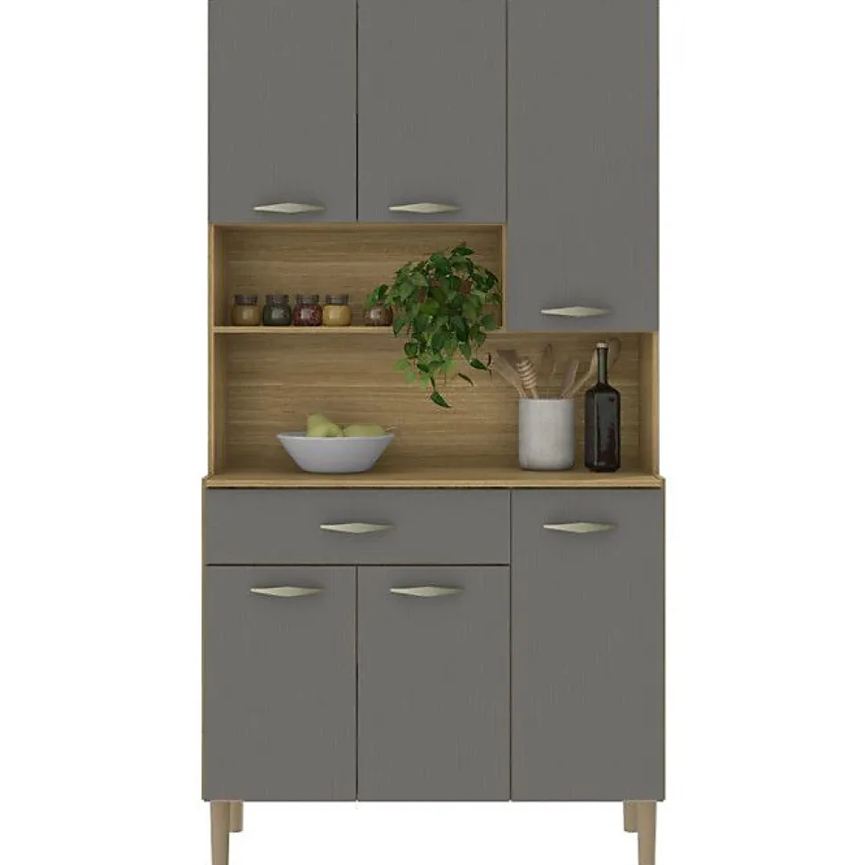 Buffet de Cuisine - APOLO - Imitation Chêne et Gris - 6 Portes - 1 Tiroir - 7 Niches