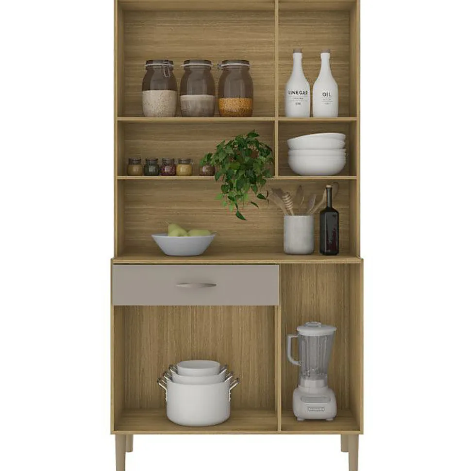 Buffet de Cuisine - APOLO - Imitation Chêne Taupe - 6 Portes - 1 Tiroir - 7 Niches