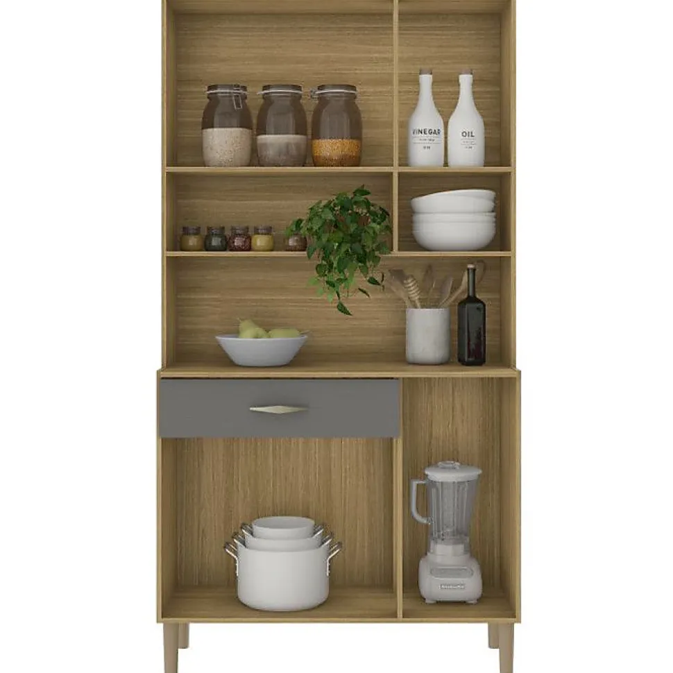 Buffet de Cuisine - APOLO - Imitation Chêne et Gris - 6 Portes - 1 Tiroir - 7 Niches