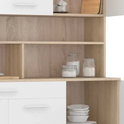 Buffet de cuisine 120 CM CINA 6 portes + tiroir façon hêtre et blanc