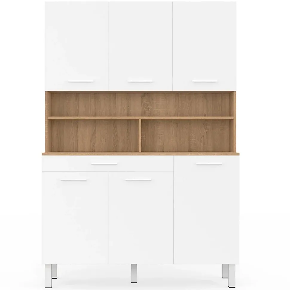 Buffet de cuisine 120 CM CINA 6 portes + tiroir façon hêtre et blanc