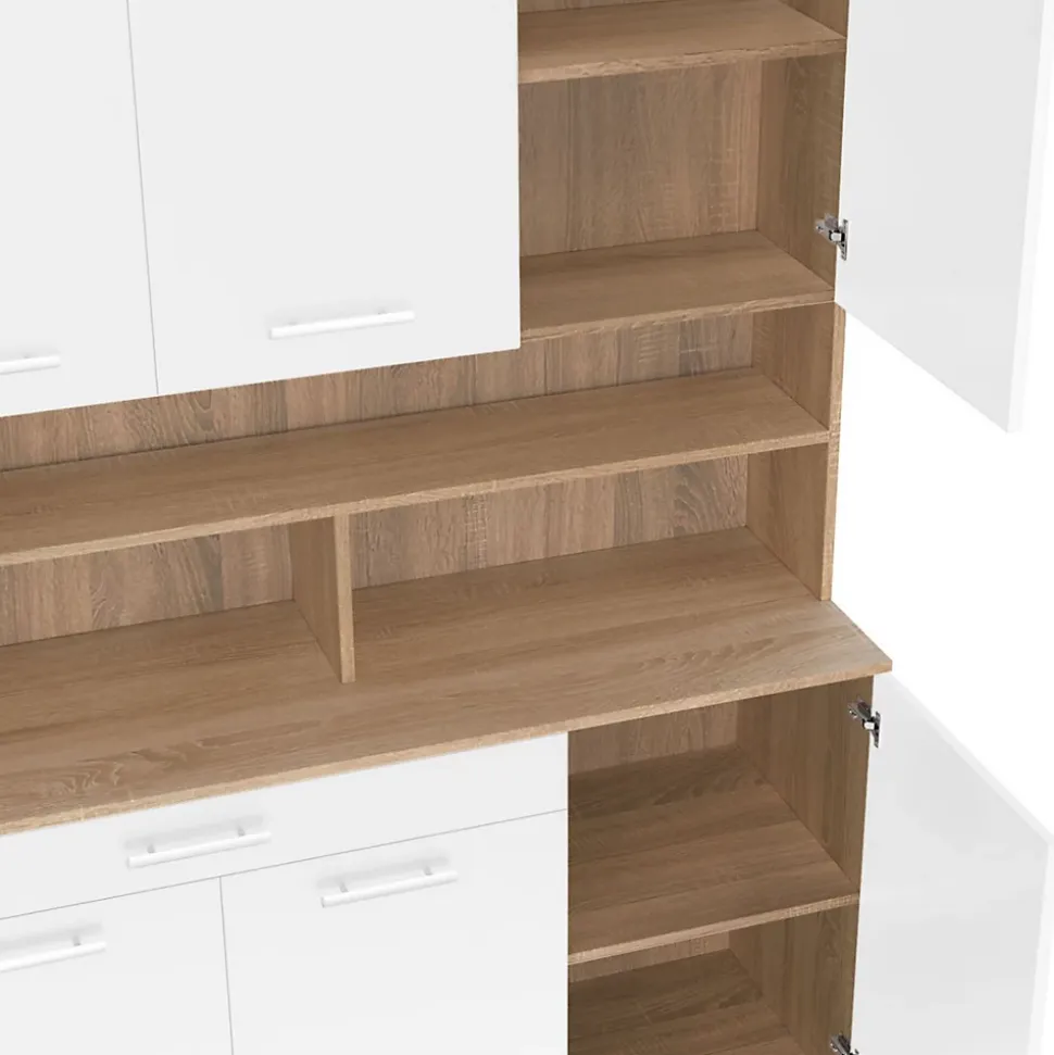 Buffet de cuisine 120 CM CINA 6 portes + tiroir façon hêtre et blanc