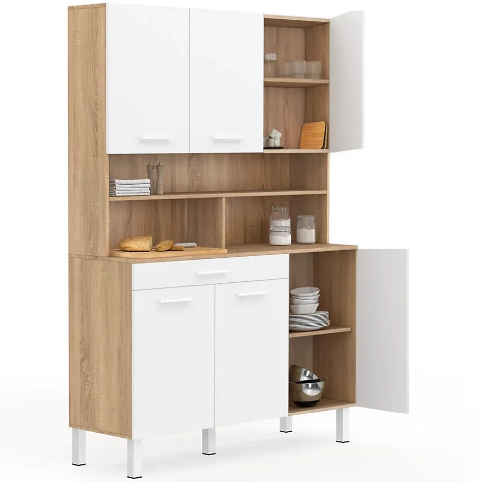Buffet de cuisine 120 CM CINA 6 portes + tiroir façon hêtre et blanc
