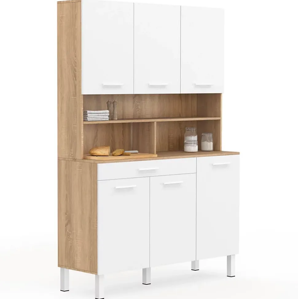 Buffet de cuisine 120 CM CINA 6 portes + tiroir façon hêtre et blanc
