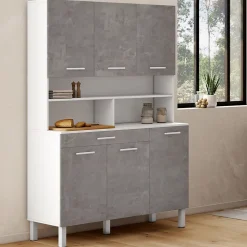 Buffet de cuisine 120 CM CINA 6 portes + tiroir blanc et effet béton