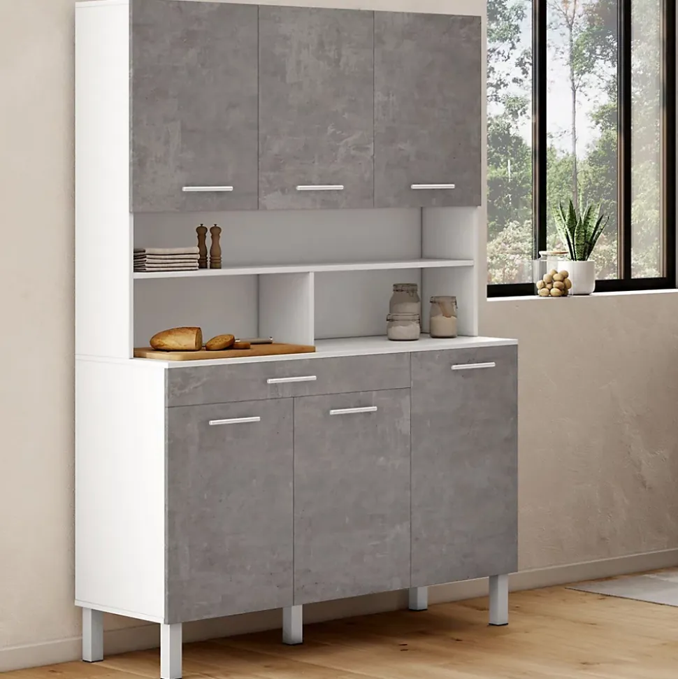 Buffet de cuisine 120 CM CINA 6 portes + tiroir blanc et effet béton