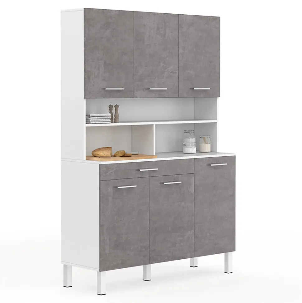 Buffet de cuisine 120 CM CINA 6 portes + tiroir blanc et effet béton