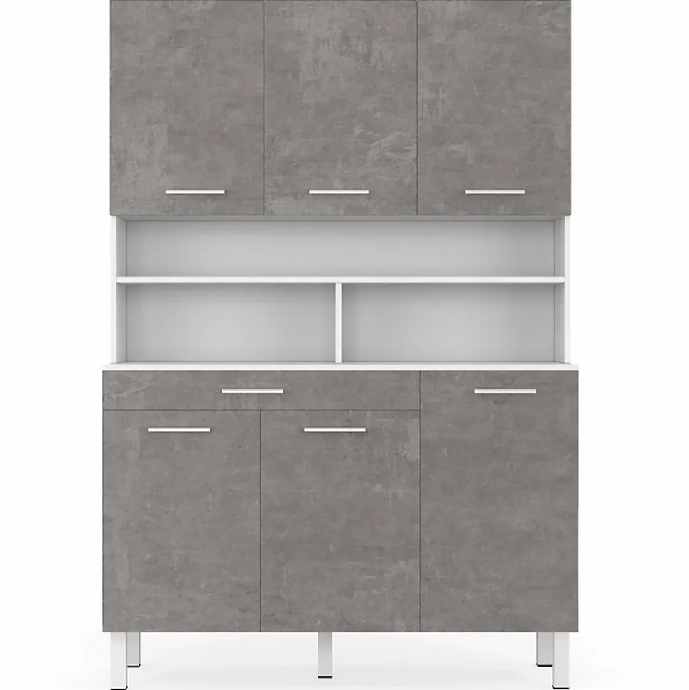 Buffet de cuisine 120 CM CINA 6 portes + tiroir blanc et effet béton