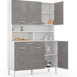 Buffet de cuisine 120 CM CINA 6 portes + tiroir blanc et effet béton