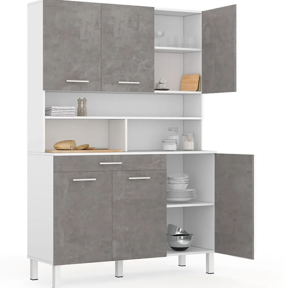 Buffet de cuisine 120 CM CINA 6 portes + tiroir blanc et effet béton