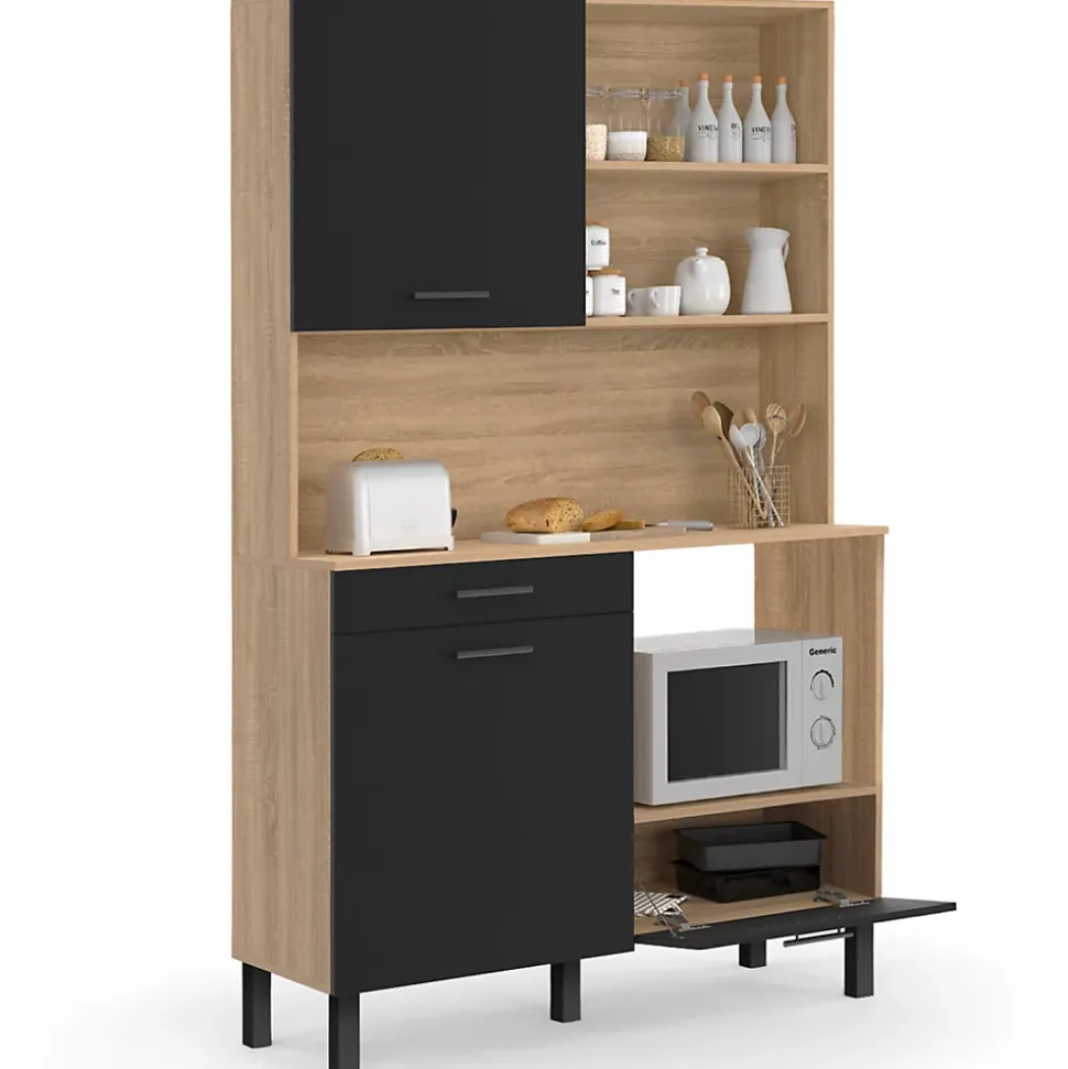 Buffet de cuisine 120 CM CINA 3 portes + 1 tiroir façon hêtre et noir