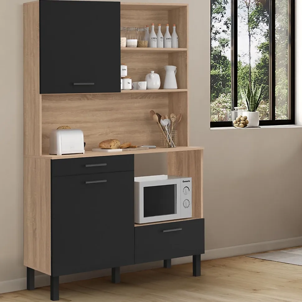 Buffet de cuisine 120 CM CINA 3 portes + 1 tiroir façon hêtre et noir