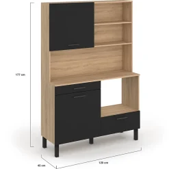 Buffet de cuisine 120 CM CINA 3 portes + 1 tiroir façon hêtre et noir
