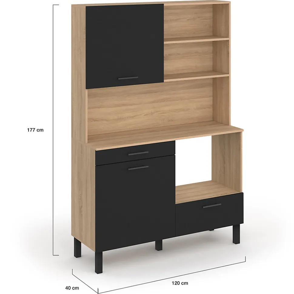 Buffet de cuisine 120 CM CINA 3 portes + 1 tiroir façon hêtre et noir