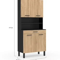 Buffet de cuisine 80 CM CINA 4 portes + tiroir noir et façon hêtre