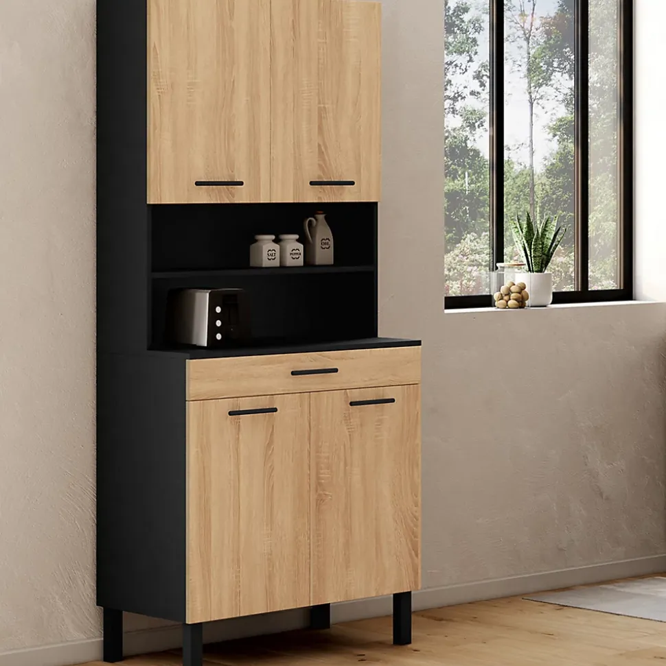 Buffet de cuisine 80 CM CINA 4 portes + tiroir noir et façon hêtre