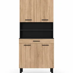 Buffet de cuisine 80 CM CINA 4 portes + tiroir noir et façon hêtre