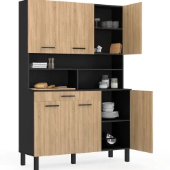Buffet de cuisine 120 CM CINA 6 portes + tiroir noir et façon hêtre