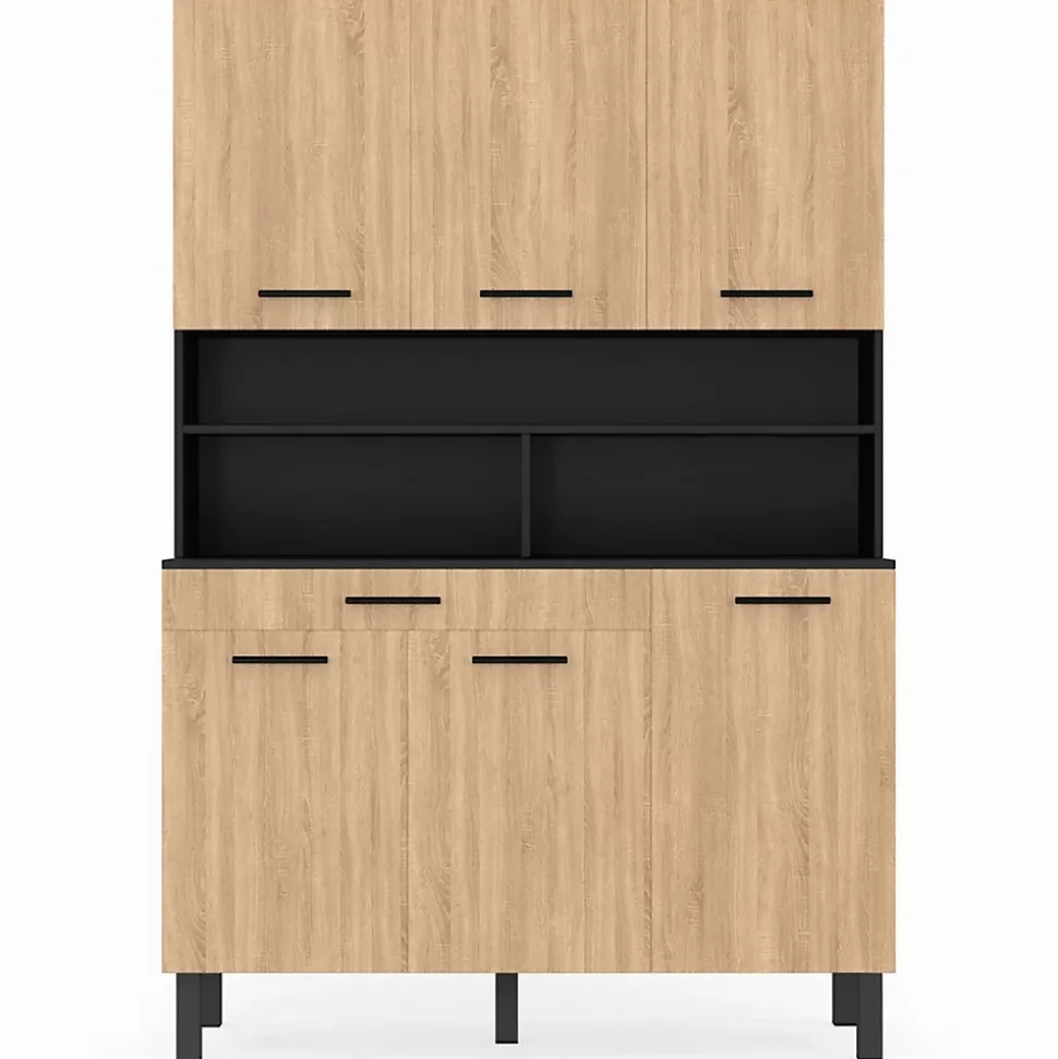 Buffet de cuisine 120 CM CINA 6 portes + tiroir noir et façon hêtre