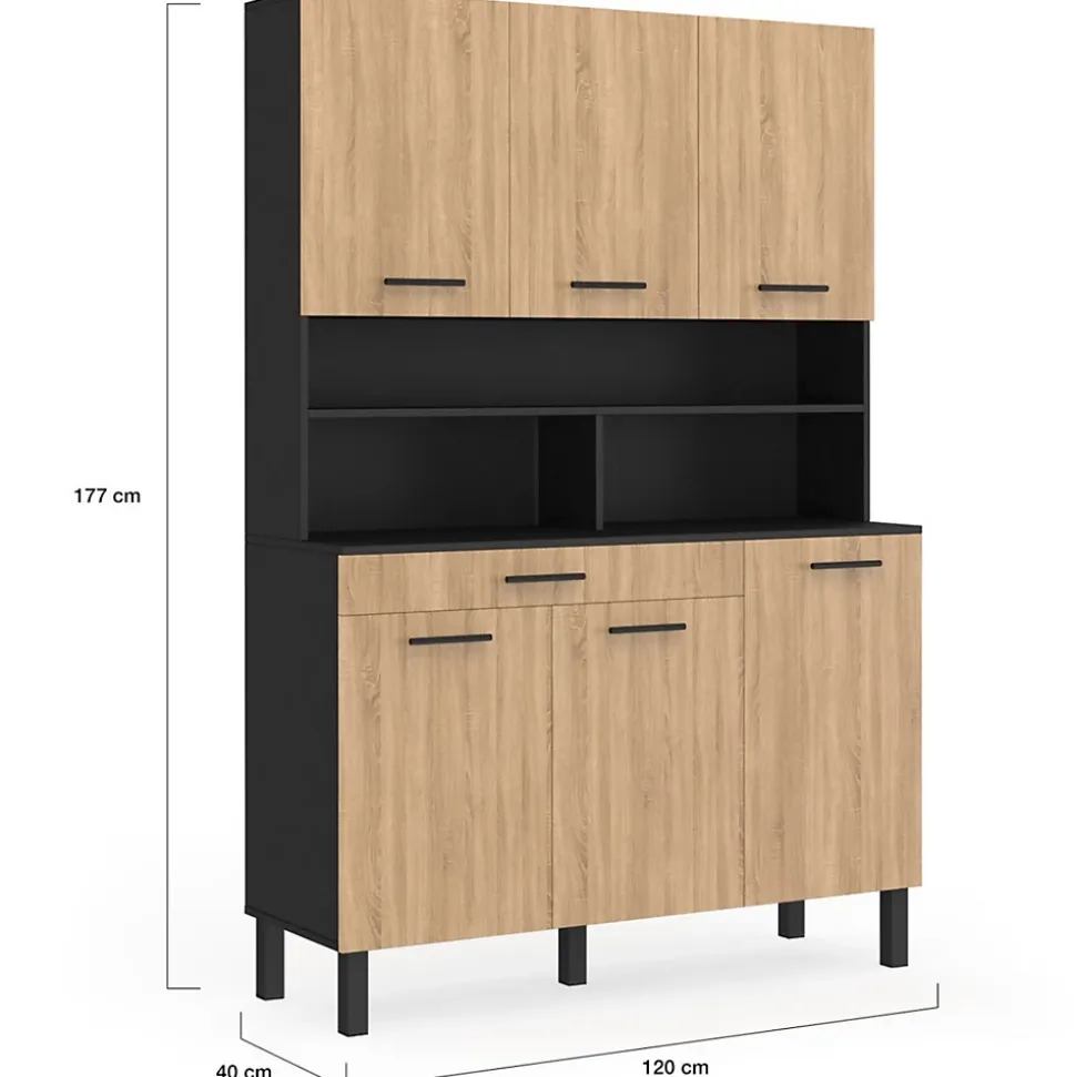 Buffet de cuisine 120 CM CINA 6 portes + tiroir noir et façon hêtre