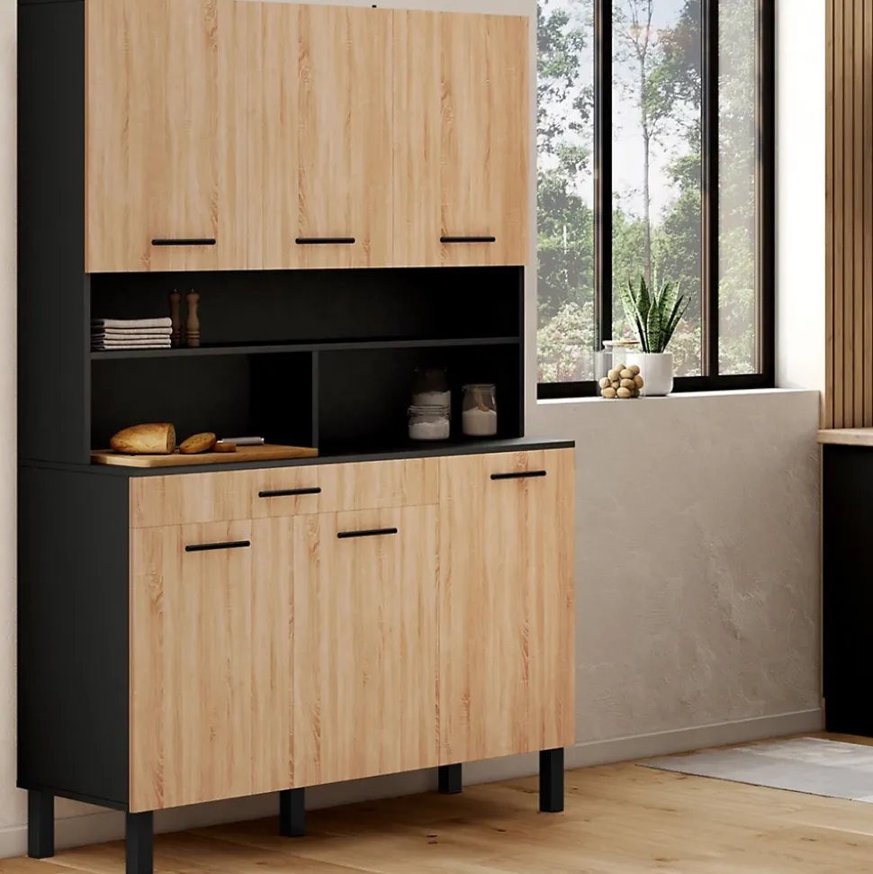 Buffet de cuisine 120 CM CINA 6 portes + tiroir noir et façon hêtre