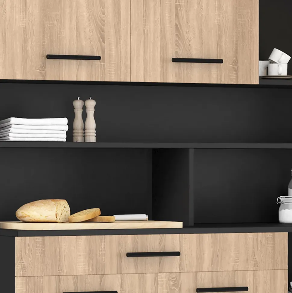 Buffet de cuisine 120 CM CINA 6 portes + tiroir noir et façon hêtre