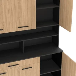 Buffet de cuisine 120 CM CINA 6 portes + tiroir noir et façon hêtre