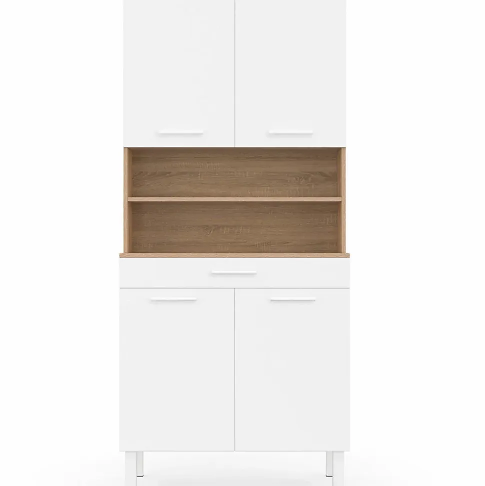 Buffet de cuisine 80 CM CINA 4 portes + tiroir façon hêtre et blanc