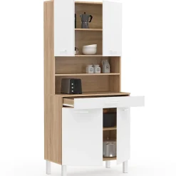 Buffet de cuisine 80 CM CINA 4 portes + tiroir façon hêtre et blanc