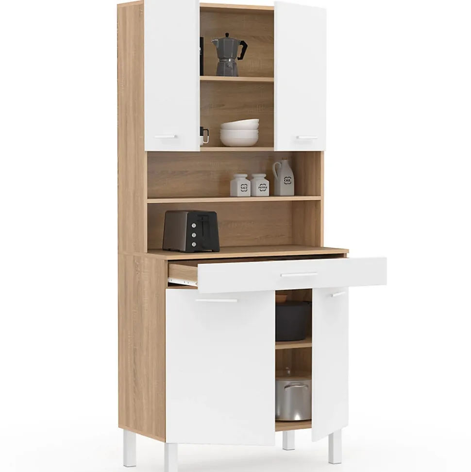 Buffet de cuisine 80 CM CINA 4 portes + tiroir façon hêtre et blanc