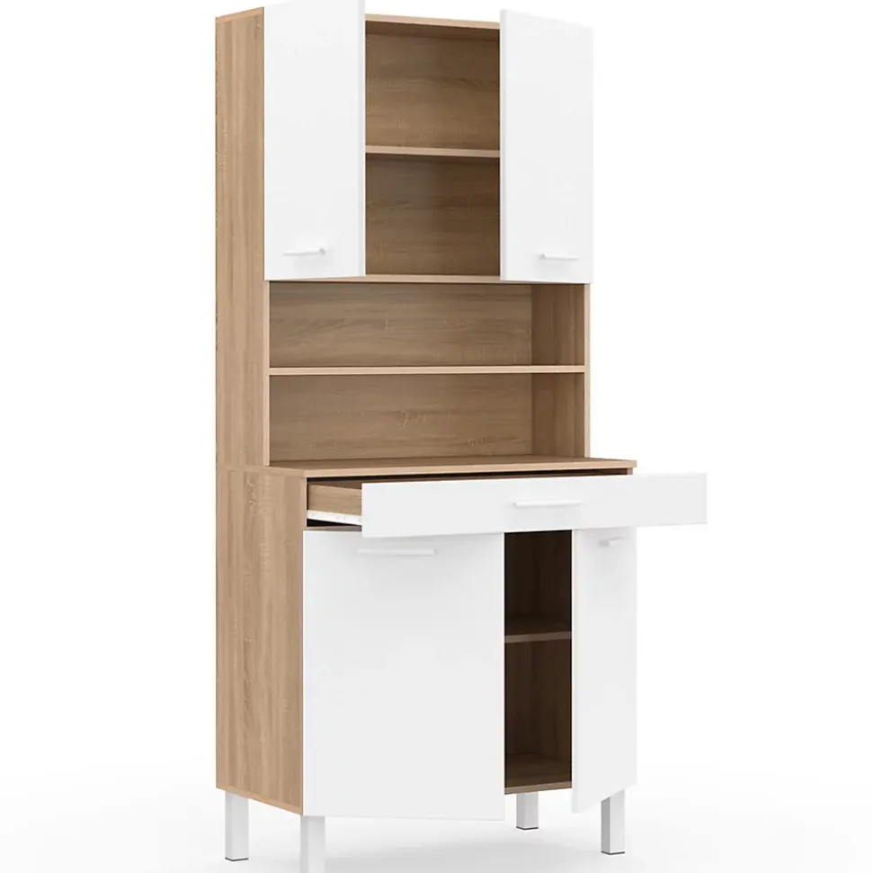 Buffet de cuisine 80 CM CINA 4 portes + tiroir façon hêtre et blanc