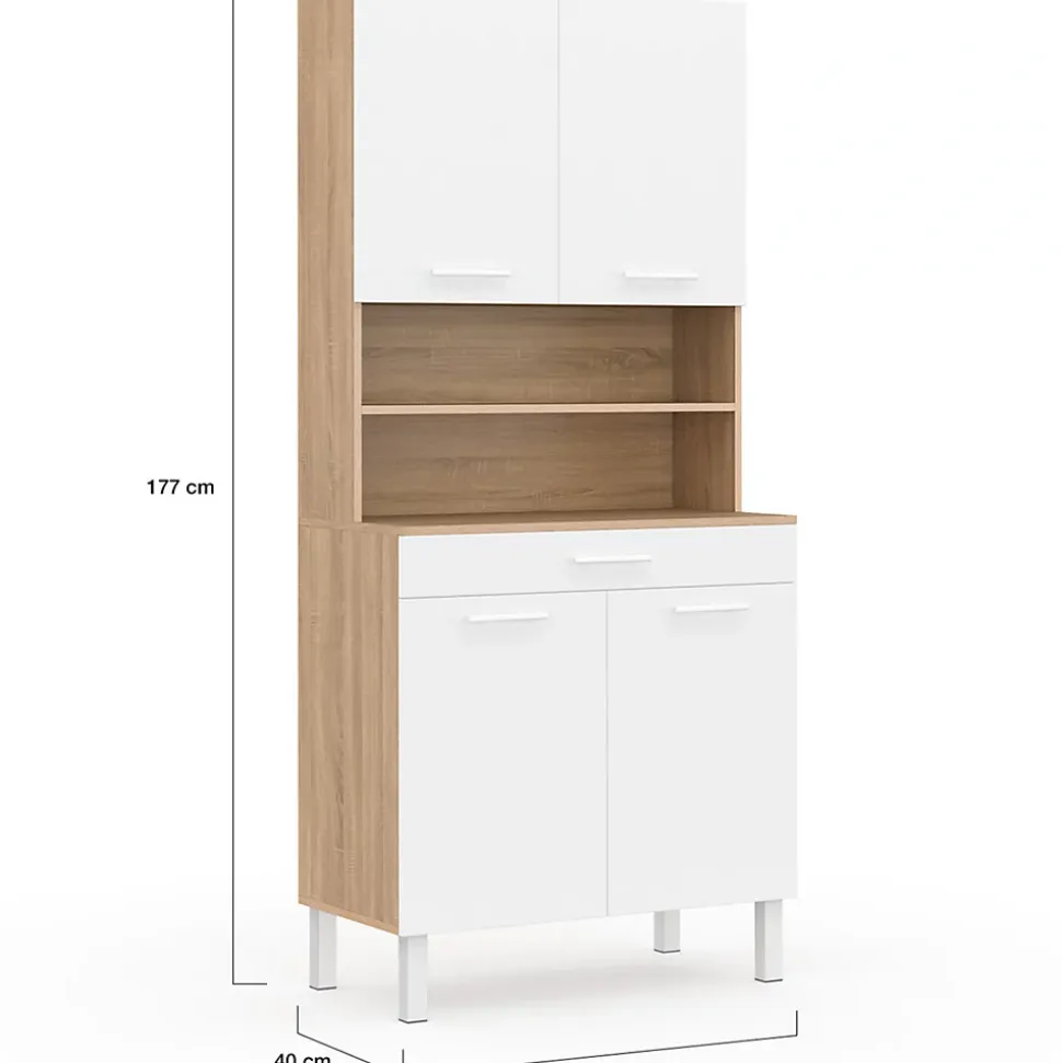 Buffet de cuisine 80 CM CINA 4 portes + tiroir façon hêtre et blanc