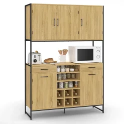 Buffet de cuisine 120 CM DETROIT 5 portes + tiroirs + range-bouteilles design industriel