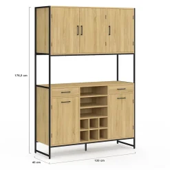 Buffet de cuisine 120 CM DETROIT 5 portes + tiroirs + range-bouteilles design industriel