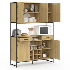 Buffet de cuisine 120 CM DETROIT 5 portes + tiroirs + range-bouteilles design industriel