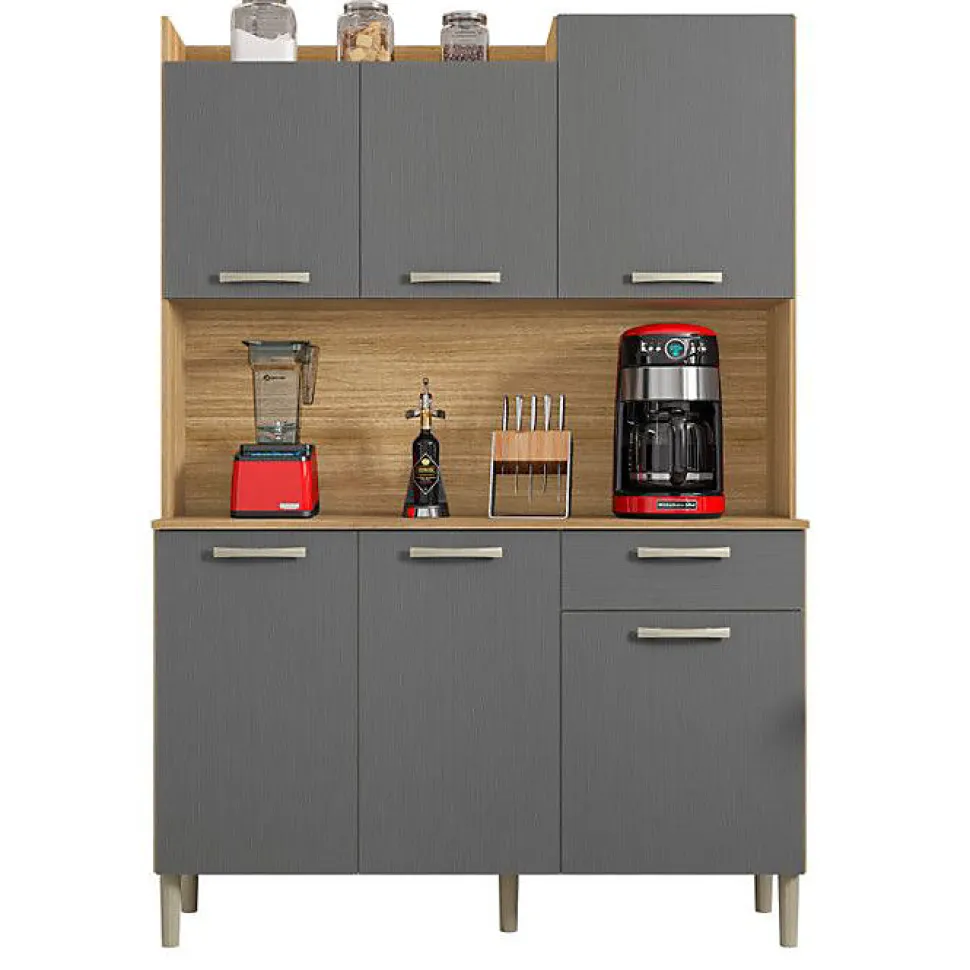 Buffet de Cuisine - GENOVA - Imitation Chêne et Gris - 6 Portes - 1 Tiroir - L 121.5 x H 176 cm