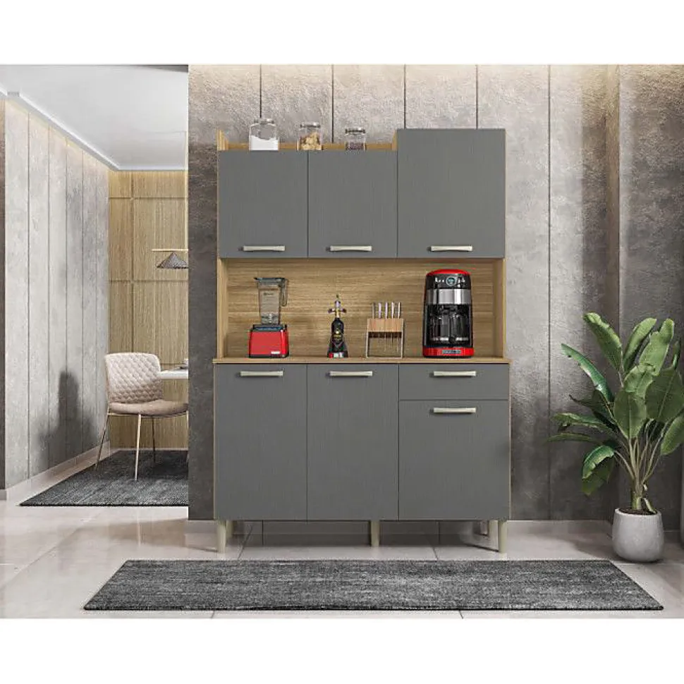 Buffet de Cuisine - GENOVA - Imitation Chêne et Gris - 6 Portes - 1 Tiroir - L 121.5 x H 176 cm