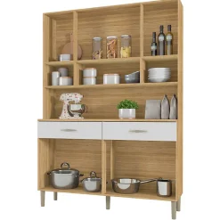 Buffet de Cuisine - GOLDEN - 8 Portes - 2 Tiroirs - Imitation Chêne et Blanc - L 121.4 cm H 173.5 cm