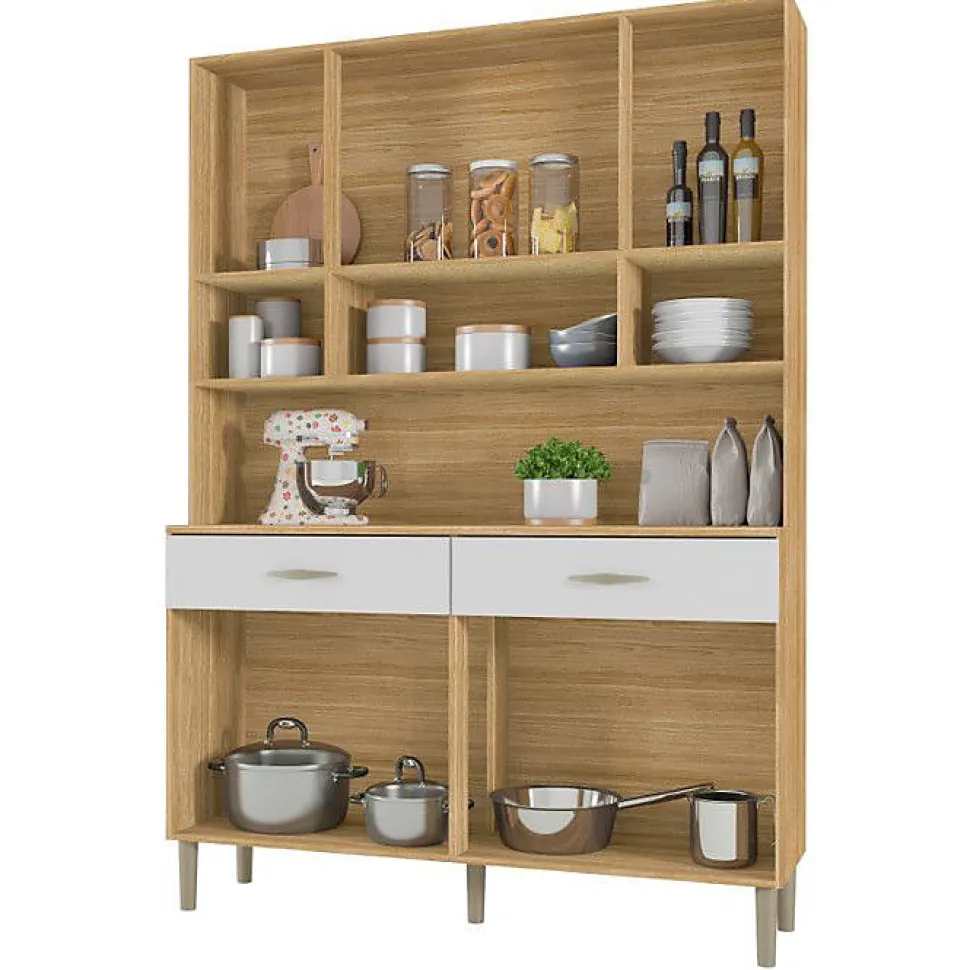 Buffet de Cuisine - GOLDEN - Imitation Chêne et Blanc - 8 Portes - 2 Tiroirs - L 121.4 cm