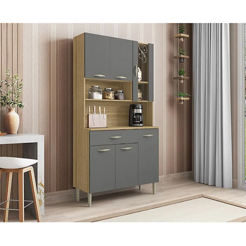 Buffet de Cuisine - KITS PARANA - 6 Portes 1 Tiroir - Imitation Chêne et Gris - Largeur 91 cm