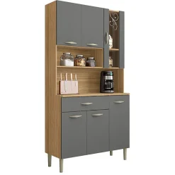 Buffet de Cuisine - KITS PARANA - 6 Portes 1 Tiroir - Imitation Chêne et Gris - Largeur 91 cm