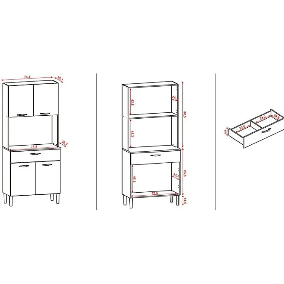 Buffet de Cuisine - KITS PARANA - Imitation Chêne et Blanc - 4 Portes - 1 Tiroir - 74.5 cm