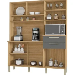 Buffet de Cuisine - MONTESA - 6 Portes - 2 Tiroirs - Imitation Chêne et Gris - L 160.7 x H 196 cm