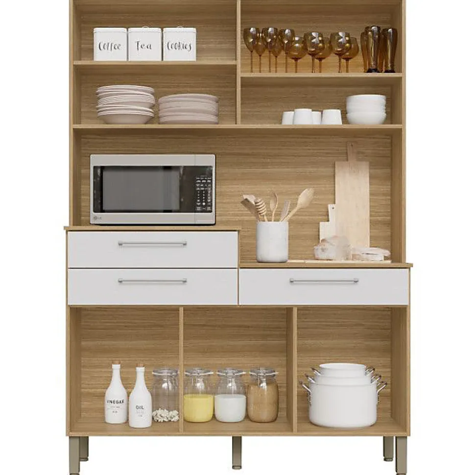 Buffet de Cuisine - ORION - Imitation Chêne Blanc - 6 Portes - 3 Tiroirs - 9 Niches