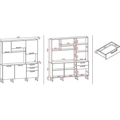 Buffet de Cuisine 6 Portes 2 Tiroirs Chêne et Gris L 180.2 H 198 P 38.8 cm - L 180.2 x l 38.8 x H 198 cm