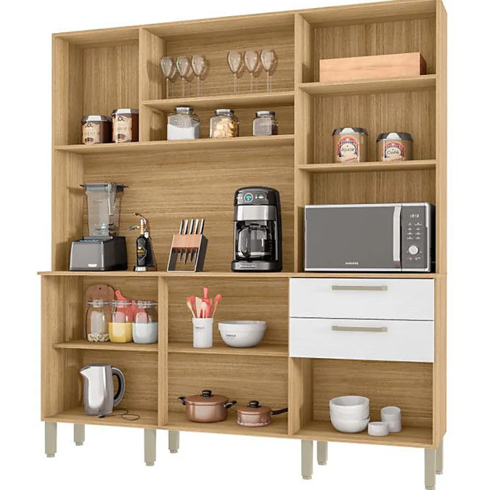 Buffet de Cuisine 6 Portes 2 Tiroirs Chêne et Blanc L 180.2 H 198 P 38.8 cm - L 180.2 x l 38.8 x H 198 cm